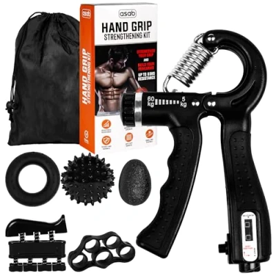 Image of ASAB 6 Pcs Hand Grip Strengthener Kit Finger Forearm Trainer Non Slip Gripper Handle Ring Stress Relief Egg and Ball Wrist Muscle Fitness Exerciser Stretcher with Bag