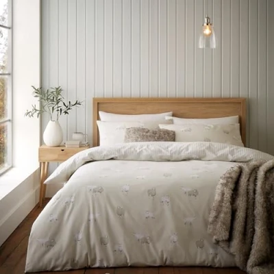 Image of Catherine Lansfield Brushed Cotton Sheep Double Duvet Set Natural