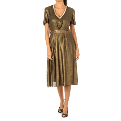 Image of La Martina Womenss short sleeve V neck dress KWD007 Brown viscose Size Large