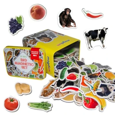 Image of Fridge Magnets For Toddlers Magdum 85 Gift ZOO+ FARM+ FRUIT+ VEGETABLE Animal Kids Magnetic Shapes