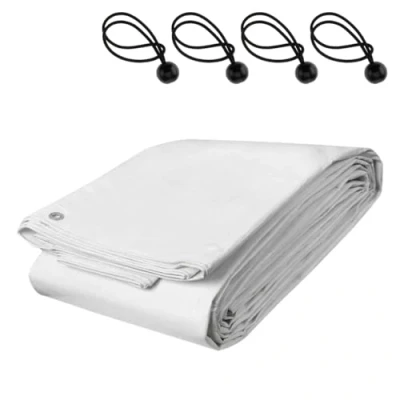 Image of 5 x 6 m White Tarpaulin Waterproof Furniture Caravan Cover Sheet Multipurpose + 4 Bungee Balls