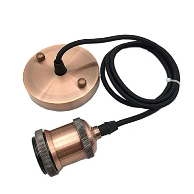 Image of Icole Vintage Pendant Light Fitting, Modern Retro Industrial Style E27 Copper Lamp Holder Ceiling Rose, Black Braided Flex Cable