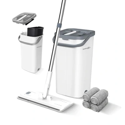 Image of FurnitureXtra Mop and Bucket Set. Microfibre Flat for Wet &amp; Dry with Stainless Steel Handle, Twin Chamber Suitable All Floor