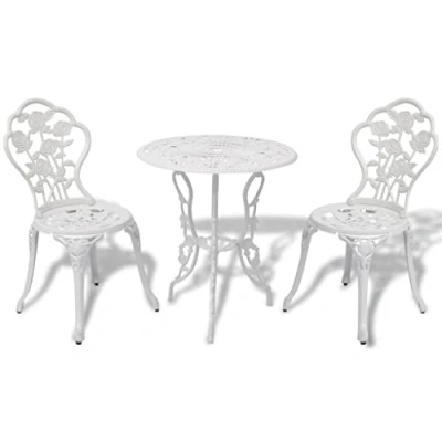 Image of vidaXL 3 Piece Bistro Set Durable Cast Aluminium Garden Furniture with Detailed Floral Pattern and Robust Iron Legs White