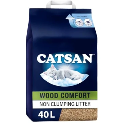 Image of Catsan Wood Comfort Non Clumping Litter, 100 Percent Biodegradable, Extra Absorbent, 20 Litre Bag, Pack of 2