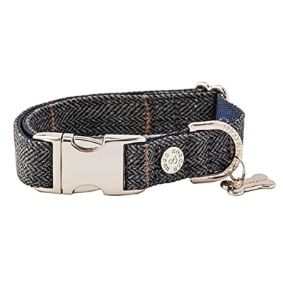 Image of HUGO &amp; HUDSON Tweed Dog Collar, Adjustable Quick Release Safety Buckle, Grey Checked Herringbone, L