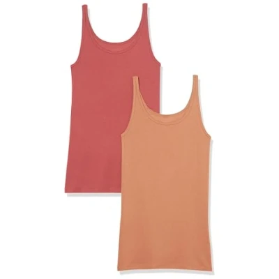 Image of Amazon Essentials Women&#039;s Slim Fit Thin Strap Tank Top, Pack of 2, Brick Red/Brown, M
