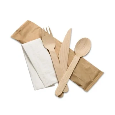 Image of Eco Leaf 1000pcs Wooden Cutlery Set Disposable Biodegradable Friendly Bamboo Spoons for Picnic, Party, Wedding Compostable Pack 250 Forks, Knives, Spoons, Napkins
