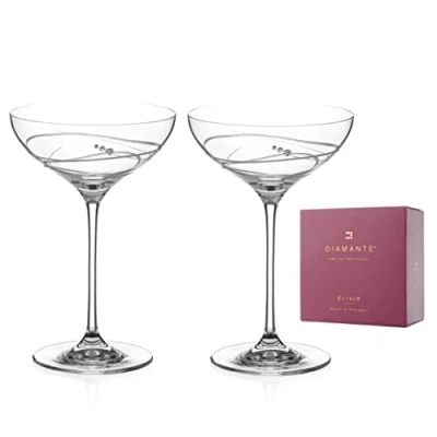 Image of DIAMANTE Champagne or Prosecco Saucer Cocktail Glasses Pair &#039;Soho&#039; Embellished with Swarovski Crystals Gift Box of 2