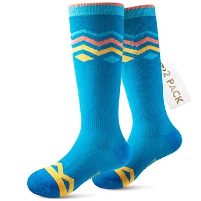 Image of OutdoorMaster Kids Ski Socks, 2 Pair Pack Unisex Snowboarding Socks for Toddler Boys and Girls, OTC Design w/Non Slip Cuff