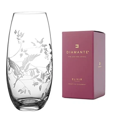 Image of DIAMANTE Flying Heron Vase chinoiserie Etched Wild Floral Pattern with Bird 25cm gift packed