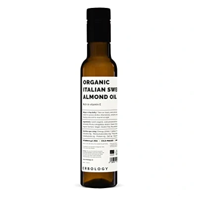 Image of Erbology Organic Sweet Almond Oil 250ml Cold Pressed Rich in Skin Nourishing Vitamin E Straight from Farm Italy Non GMO No Additives or Preservatives Recyclable Glass Bottle