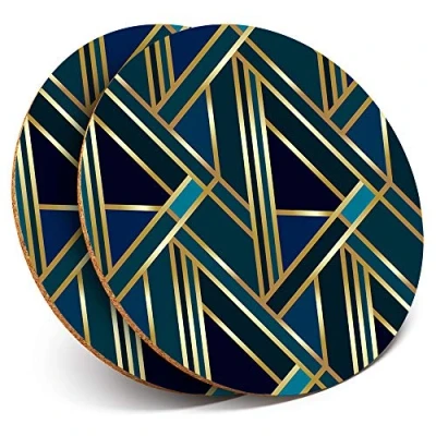 Image of Destination Vinyl ltd 2 x MDF Glossy Top Coasters Round Green Gold Art Deco Geometric 12546