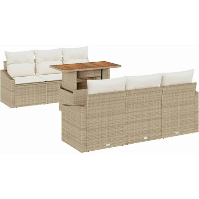 Image of vidaXL 7 Piece Garden Dining Set with Cushions Beige Poly Rattan Acacia