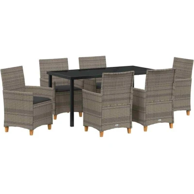 Image of vidaXL 7 Piece Garden Dining Set with Cushions Grey Poly Rattan