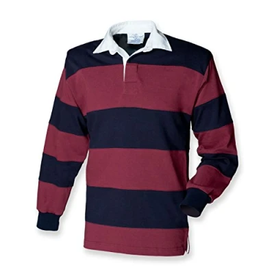 Image of Front Row Hooped Long Sleeve Rugby Shirt in Burgundy/Navy L