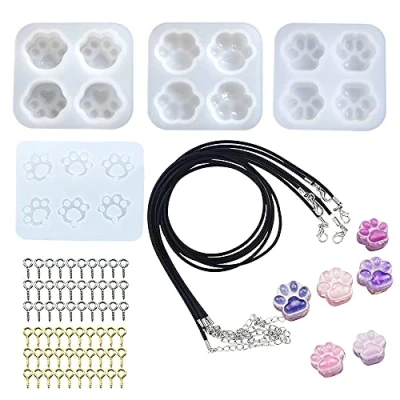 Image of Cayway Cat Paw Silicone Resin Mould Set, 4 PCS Bear Claw Epoxy Moulds, 10 Black Wax Rope, 100 Eye Screw Pins for DIY, Pendant, Keychain