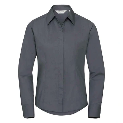 Image of Russell Athletic Collection Womens/Ladies Poplin Fitted Long Sleeved Formal Shirt (Convoy Grey) Dark Grey Size 12 UK