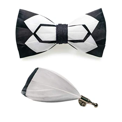 Image of JEMYGINS Handmade White Feather Pre tied Bow tie and Brooch Sets for Men (19)