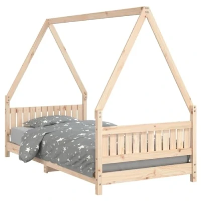 Image of vidaXL Solid Pine Wood Single Bed Frame for Kids House Style Design, Natural Material, Wooden Slats Support