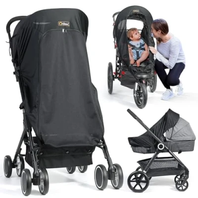 Image of Orzbow Pram Sun Shade,Universal Shade for Buggy with Zip Window,Breathable UPF 50+ Stroller Lycra Fabric,Blackout Blind Pushchair Cover,Block 99% of UV,Dark Grey