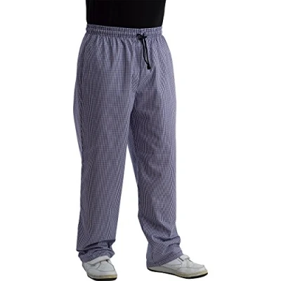 Image of Chefs Blue &amp; White Polycotton Checked Trousers with Elasticated Waist (Medium)