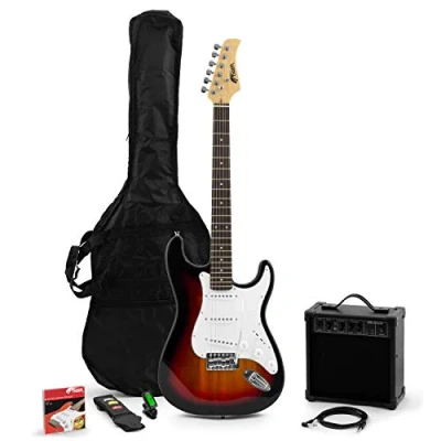 Image of TIGER EGT2SB Pack Beginners Full Size Electric Guitar Starter with Amplifier, Strap, Spare Strings, Lead, Plectrums, and Gig Bag Complete Bundle in One Box Sunburst