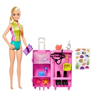 Image of Barbie Dolls &amp; Accessories, Marine Biologist Doll (Blonde) Mobile Lab Playset with 10+ Pieces, Case Opens for Storage Travel