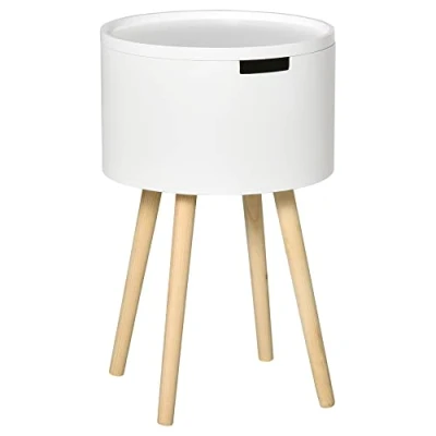 Image of HOMCOM Modern Side Table with Hidden Storage Space, Round Night Stand Removable Tray Wood Frame End Coffee for Living Room, White