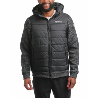 Image of Reebok Men&#039;s Jacket Warm Insulated Quilted Puffer with Sweater Fleece Sleeves Hooded Outdoor for Men (M XL), Black, XXL