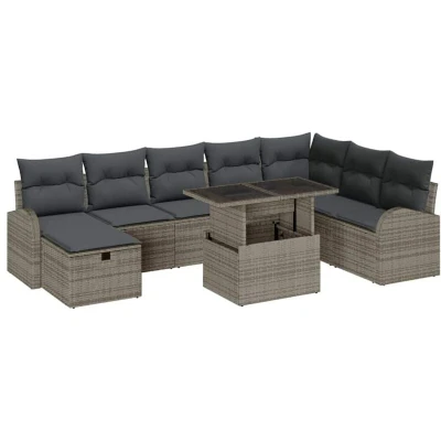 Image of vidaXL 9 Piece Garden Sofa Set with Cushions Grey Poly Rattan