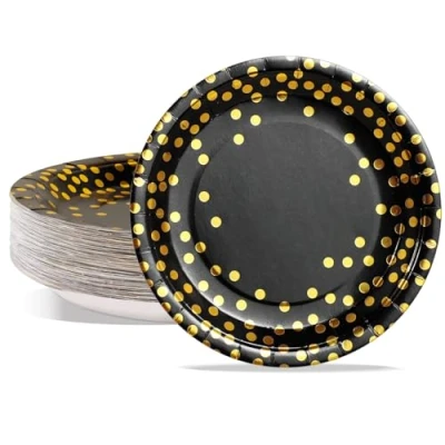 Image of AIPartywar Party Paper Plates, 50 Pack Disposable Black and Gold Foil Polka Dots, 7 Inch Dinner Plates for Graduation Wedding Birthday