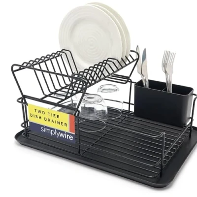 Image of simplywire Two Tier Dish Drainer Removable Plate Drying Rack &amp; Cutlery Holder Black Plastic Coated Steel