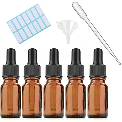 Image of 5Pcs Amber Glass Dropper Bottles With Black Caps, Measured Pipette, Funnel and Labels；5ML Eye for Essential Oil Pipette Refillable