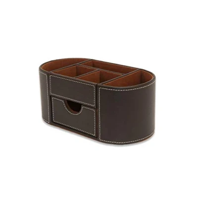 Image of OSCO Brown Faux Leather Desk Organiser with Drawer Tidy Pen Holder Makeup Container Pencil Storage 6 Compartments Stationery Caddy H10 x W23 D12 cm
