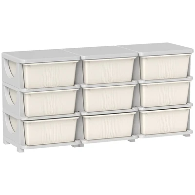 Image of HOMCOM Kids Storage Units with 9 Drawers 3 Tier Chest Vertical Dresser Tower Toy Organiser for Nursery Playroom Kindergarten Cream