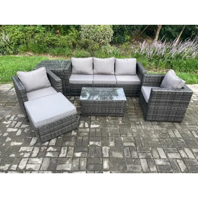 Image of Rattan Garden Furniture Set with 3 Seater Sofa Coffee Table Side 2 Armchairs Footstool Indoor Outdoor Patio Lounge Dark Grey Mixed
