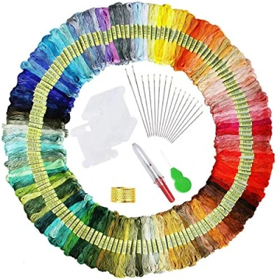 Image of 150 Skeins Embroidery Thread, elloLife Random Colors Cotton Floss Friend Bracelets Making Kits with 12 Pieces Bobbins Organizer for Beginners Adults Knitting Cross Stitch Project