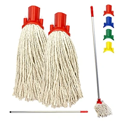 Image of Colour Coded Floor Mop Set 120cm Long Aluminium Handle and Pack of 2 String Heads Replacement for Domestic Commercial Cleaning (Red)