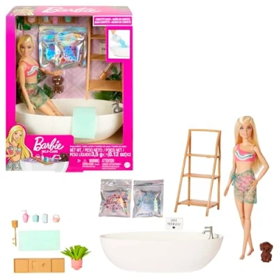 Image of Barbie Doll and Bathtub Playset with Puppy, Kids Toys, Blonde, Colorful Confetti Soap Accessories, Self Care Wellness Theme, HKT92