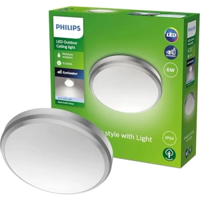Image of PHILIPS LED Doris Outdoor Ceiling Light 6W [Cool White Nickel] Water Resistant IP54, for Garden, Patio and Terrace Lighting.