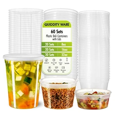 Image of Deli Containers with Leakproof Lids 60 Sets [ 20sets 8oz, 16oz, 32oz] BPA Free Plastic Microwaveable Clear Food Storage Container Premium Heavy Duty, Freezer &amp; Dishwasher Safe…