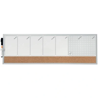 Image of Nobo Small Magnetic Whiteboard Weekly Planner, Cork Notice Board Strip, Aluminium Trim, Dry Wipe, Wall Mountable, Integrated Pen Clip, 585 x 190 mm, Grey, 1903780