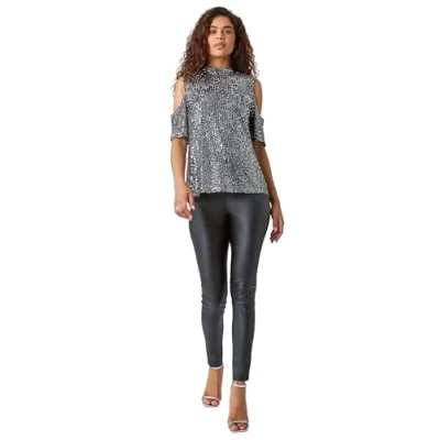 Image of Roman Womens Sequin Cold Shoulder Stretch Top Silver Faux Leather Size 18 UK