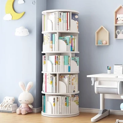 Image of tonchean 5 Tier Rotating Bookshelf White Revolving Bookcase Free Standing Swivel Book Shelf 360 Display Spinning Round Corner for Living Room Bedroom