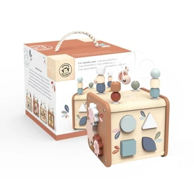 Image of Speedy Monkey 5 in 1 Activity Cube Amazing Montessori Toys for Year Old Toddler with Bead Maze, Shape Sorter, Gears, Puzzle &amp; More! FSC Certified Wood, Non Toxic Paint Boy