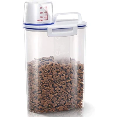 Image of TBMax 2L Pet Food Storage Container for Dogs/Cats Portable Dog Dry Food, Small BPA free Plastic Cat with Lid and Measuring Cup, Pour Spout