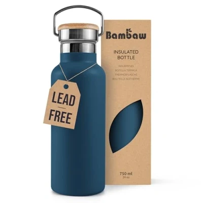 Image of Bambaw Insulated Water Bottle 750ml, Blue Bottle, Stainless Steel Leakproof Hiking Cheap 750ml Aegean