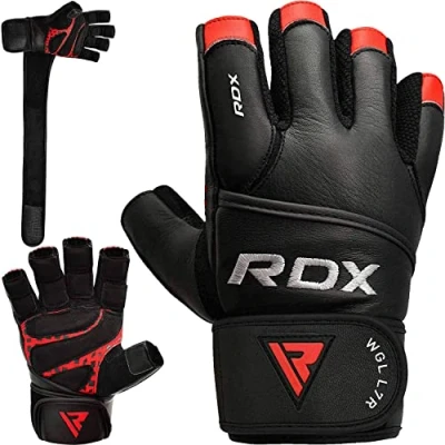 Image of RDX Weight Lifting Gloves Gym Workout, Cowhide Leather, Long Wrist Support, Full Palm Protection, Powerlifting Strength Training Deadlifting Bodybuilding Exercise, Ventilated Men Women