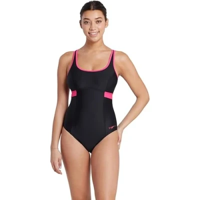 Image of Zoggs Women&#039;s Dakota Crossback Eco Fabric One Piece Swimsuit, Swimming Costume Black/Magenta